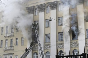 Firefighters work to extinguish fire at Russian Defence Ministry's building in central Moscow