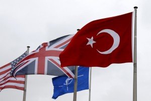 A Turkish flag flies among others flags of NATO members during the North Atlantic Council at the Alliance headquarters in Brussels
