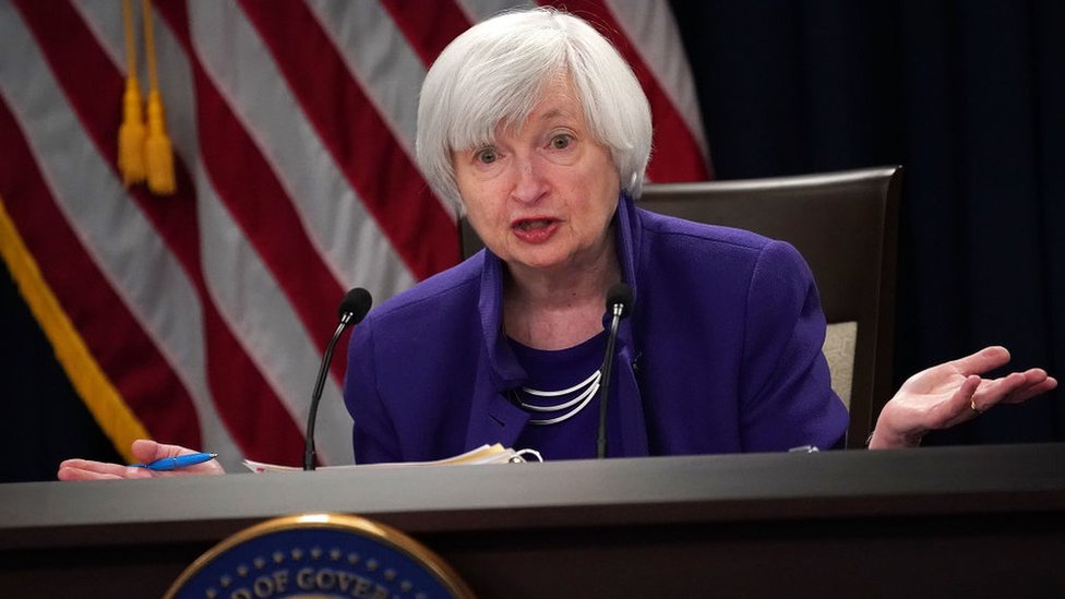 Janet Yellen speaking at a press conference in 2017 as US Federal Reserve Chair