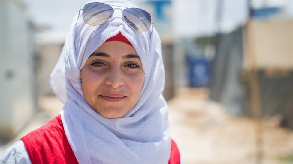 Close up of Maram, at the refugee camp where she lives in Jordan