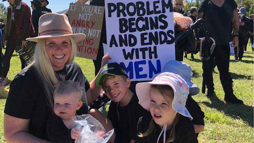 Jade Catton and her children at the Canberra March4Justice protest