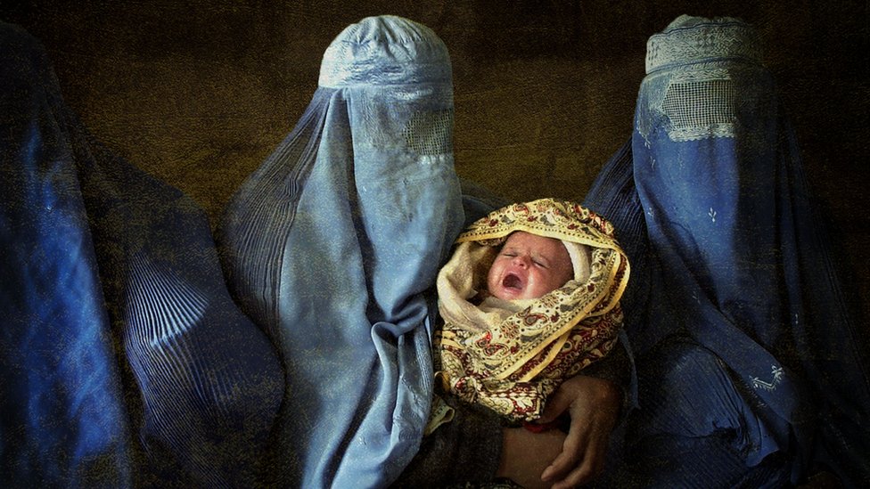 Afghan women in burkas, with baby. Photo collage illustration from photographs courtesy Getty Images