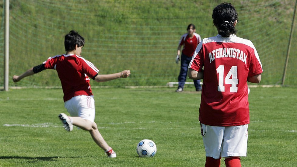 Archive photo, from 2009, of members of Afghanistan's women's national football team take part in a training session in Germany