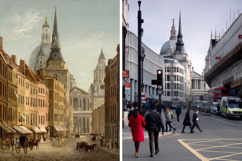 تصویر لاد‌گیت هیل و کلیسای جامع سنت پل در سال ۱۷۸۰ و اکنون